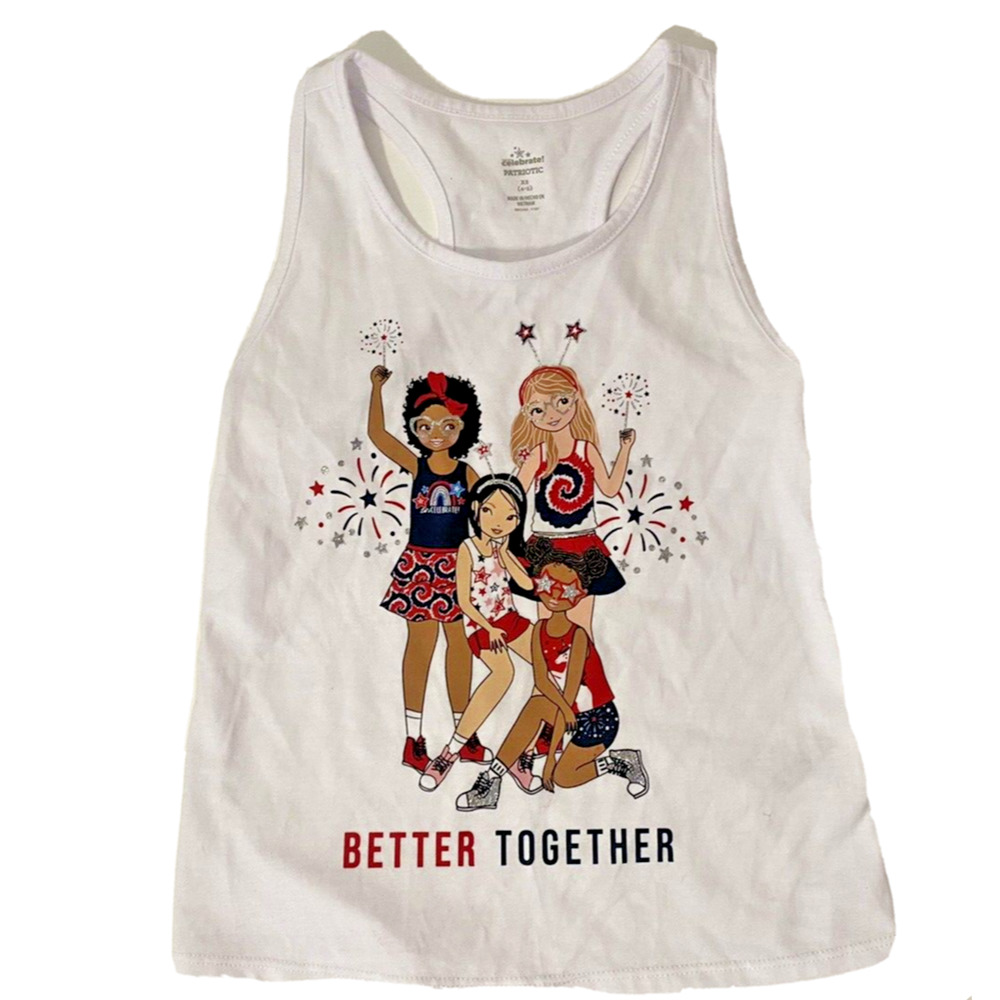 Girls 4/5 White Tank Top 'Better Together' 4th Of July Patriotic Shirt Fireworks